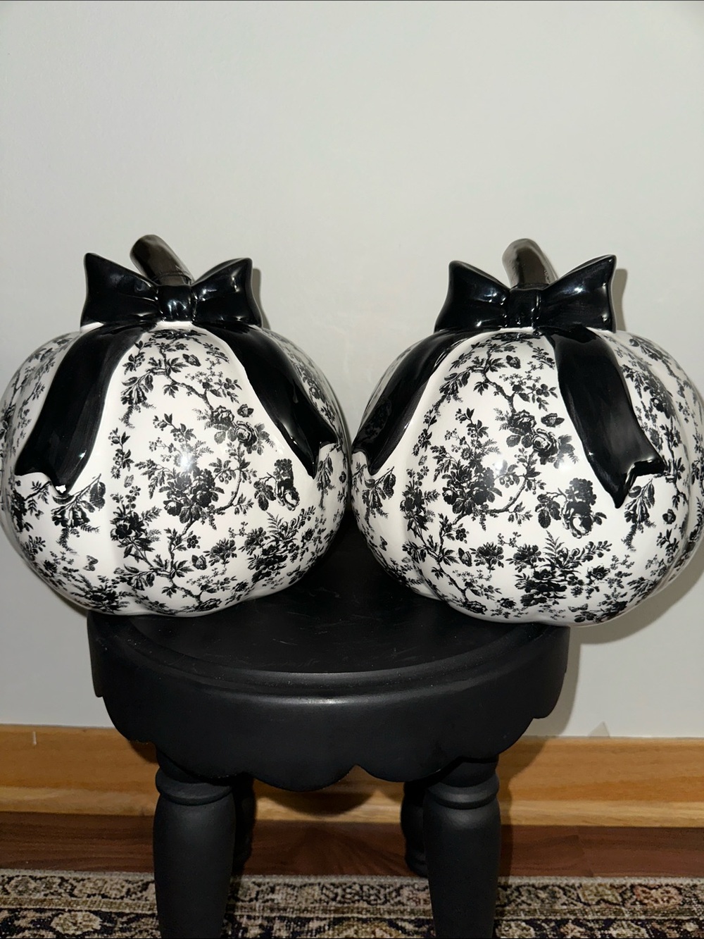 Black & White Floral Toile Ceramic Pumpkin Accent Pair - Decorative Home Accent